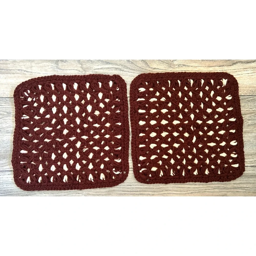2 Vintage 1970 MCM Hand Crocheted Brown 12